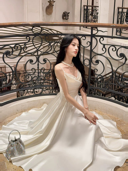 Simple A Line Spaghetti Straps Ivory Satin Outdoor Semi Formal Summer Garden Beach Spring Event Outfits Wedding Guest Dresses RB4938