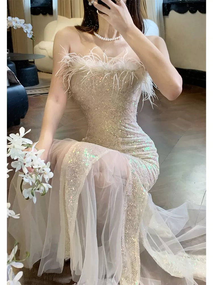 Artistic Mermaid Strapless Champagne Sequin Outdoor Semi Formal Summer Garden Beach Spring Event Outfits Wedding Guest Dresses RB4940