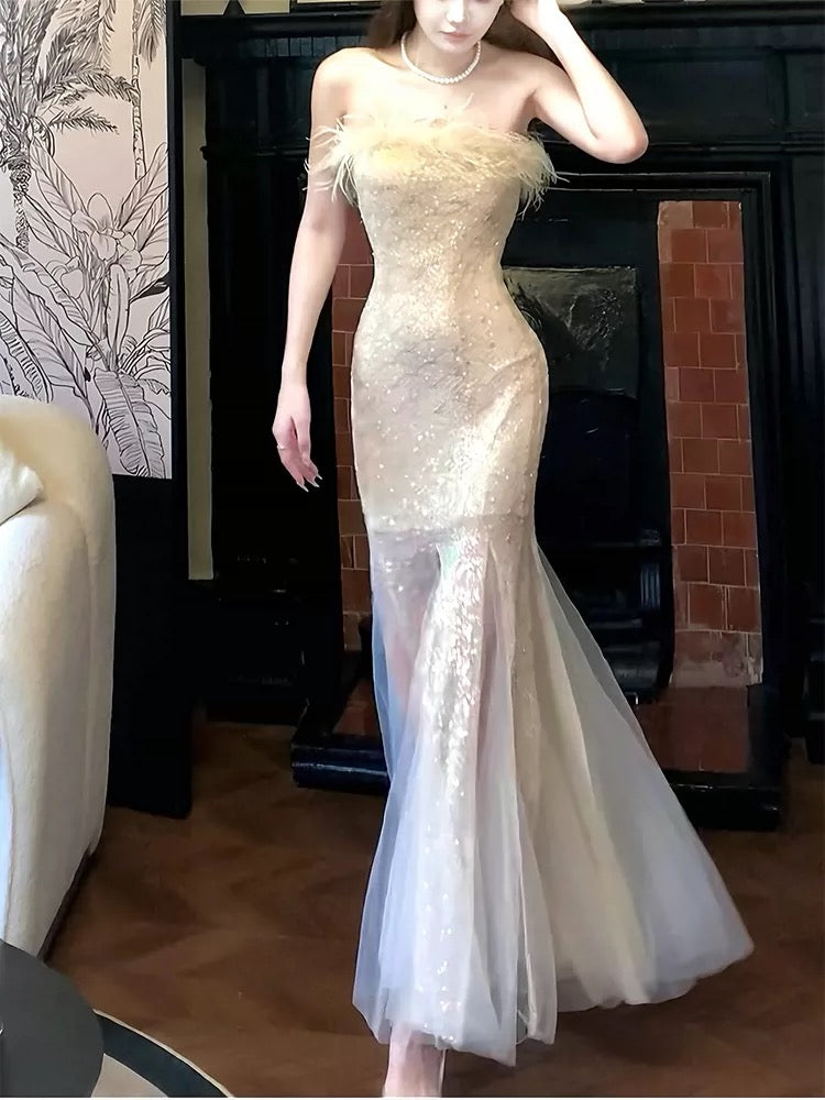 Artistic Mermaid Strapless Champagne Sequin Outdoor Semi Formal Summer Garden Beach Spring Event Outfits Wedding Guest Dresses RB4940