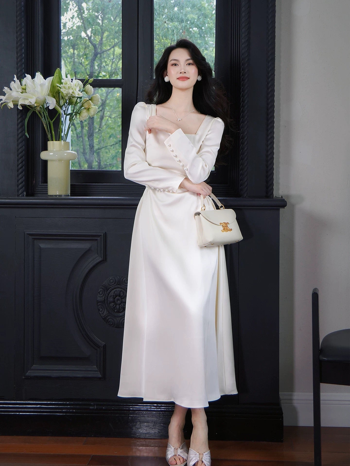 Artistic A Line Square Neck Long Sleeves Satin Outdoor Semi Formal Summer Garden Beach Spring Event Outfits Wedding Guest Dresses RB4944