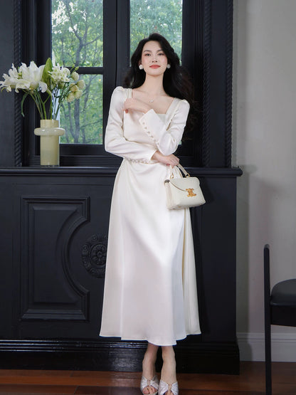 Artistic A Line Square Neck Long Sleeves Satin Outdoor Semi Formal Summer Garden Beach Spring Event Outfits Wedding Guest Dresses RB4944