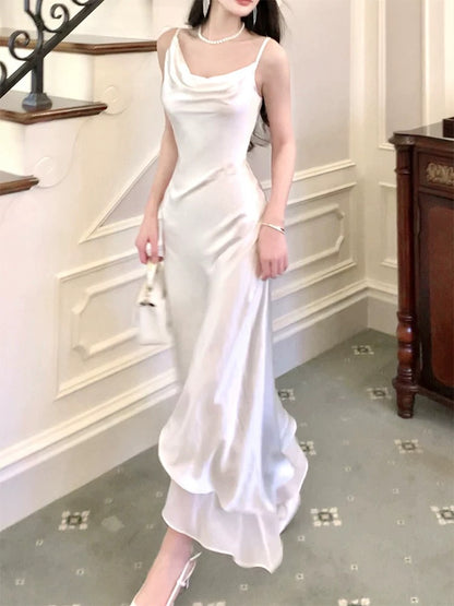 Artistic Sheath Spaghetti Strap Sleeveless White Satin Outdoor Semi Formal Summer Garden Beach Event Outfits Wedding Guest Dresses RB4947