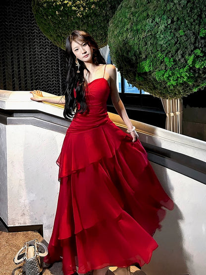 Boho-chic Mermaid Spaghetti Straps Red Chiffon Semi Formal Summer Garden Beach Spring Event Outfits Wedding Guest Dresses RB4949