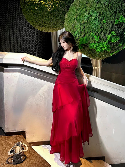Boho-chic Mermaid Spaghetti Straps Red Chiffon Semi Formal Summer Garden Beach Spring Event Outfits Wedding Guest Dresses RB4949