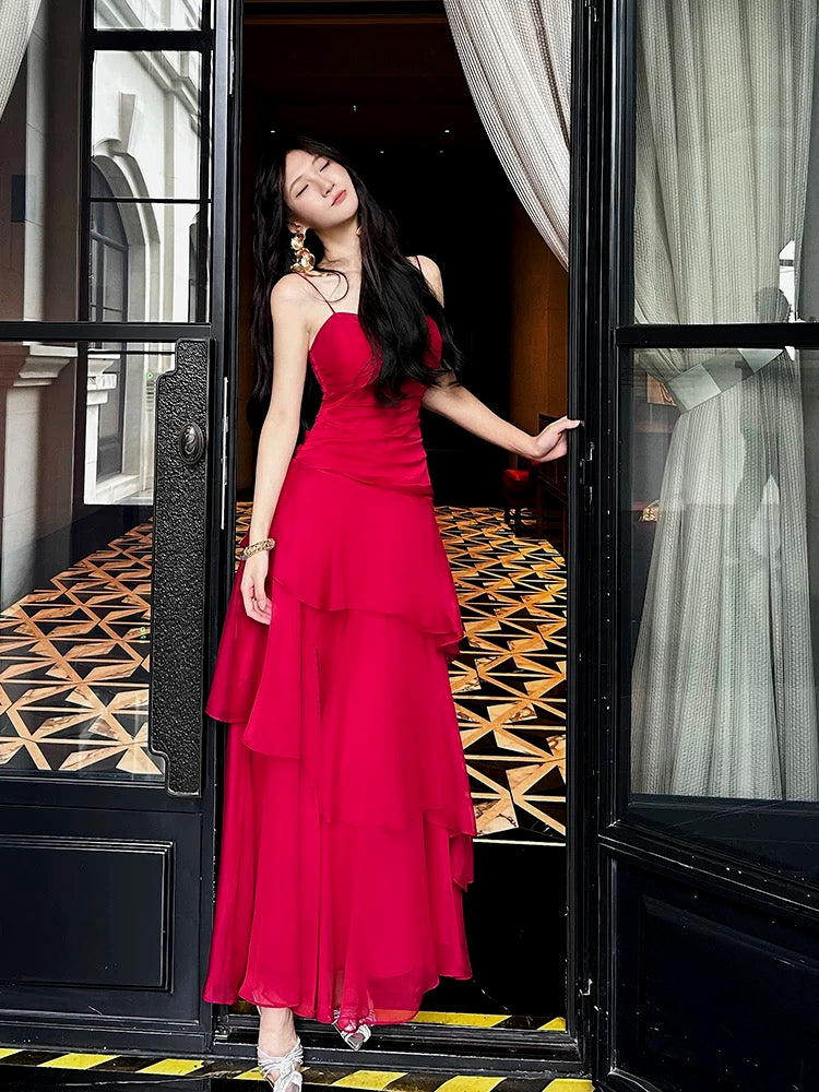 Boho-chic Mermaid Spaghetti Straps Red Chiffon Semi Formal Summer Garden Beach Spring Event Outfits Wedding Guest Dresses RB4949