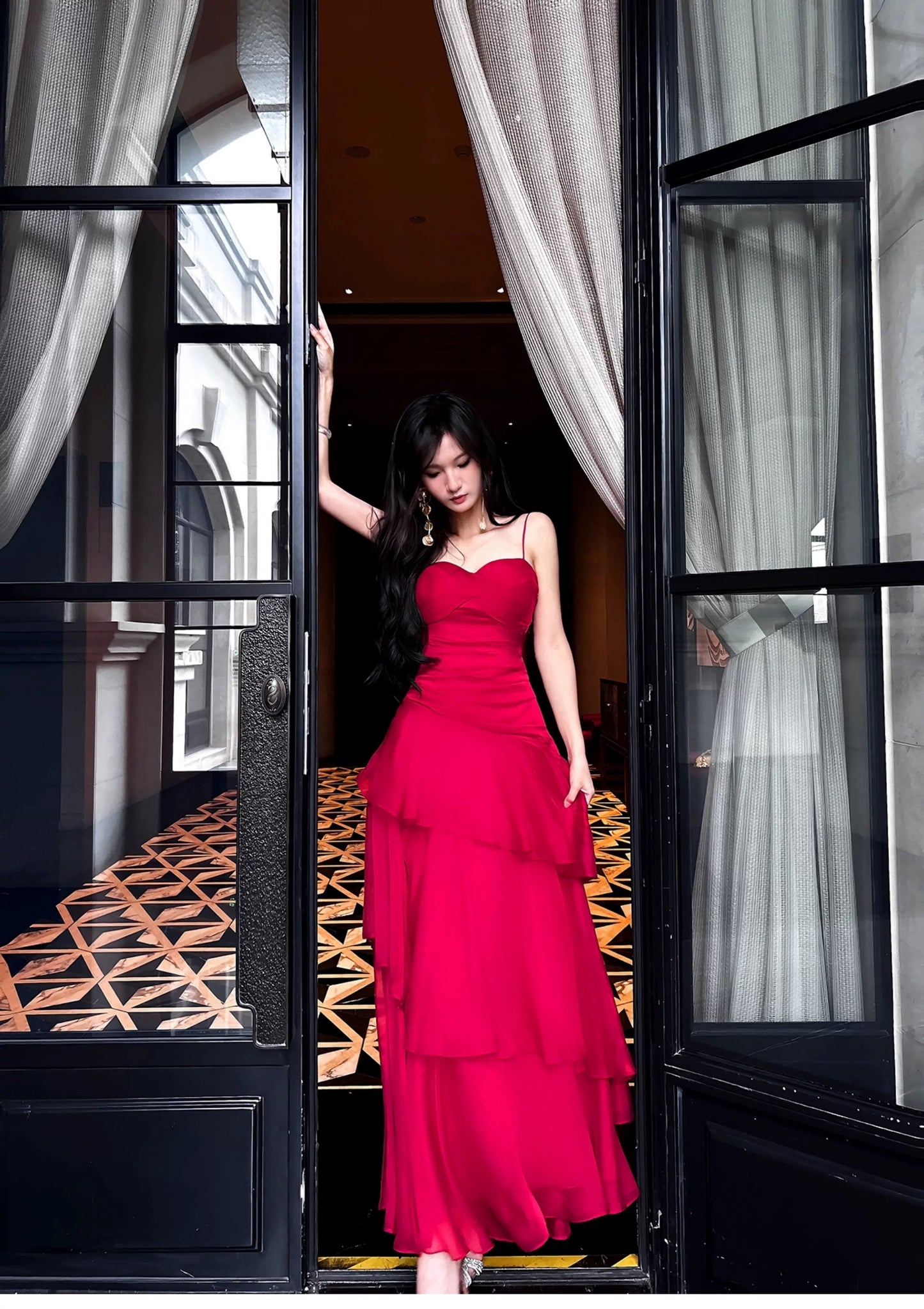 Boho-chic Mermaid Spaghetti Straps Red Chiffon Semi Formal Summer Garden Beach Spring Event Outfits Wedding Guest Dresses RB4949