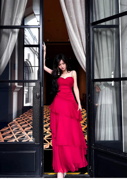 Boho-chic Mermaid Spaghetti Straps Red Chiffon Semi Formal Summer Garden Beach Spring Event Outfits Wedding Guest Dresses RB4949