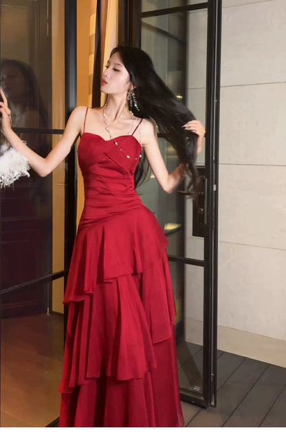 Free-Spirited Mermaid Spaghetti Straps Red Chiffon Layers Semi Formal Summer Garden Beach Spring Event Outfits Wedding Guest Dresses RB4951