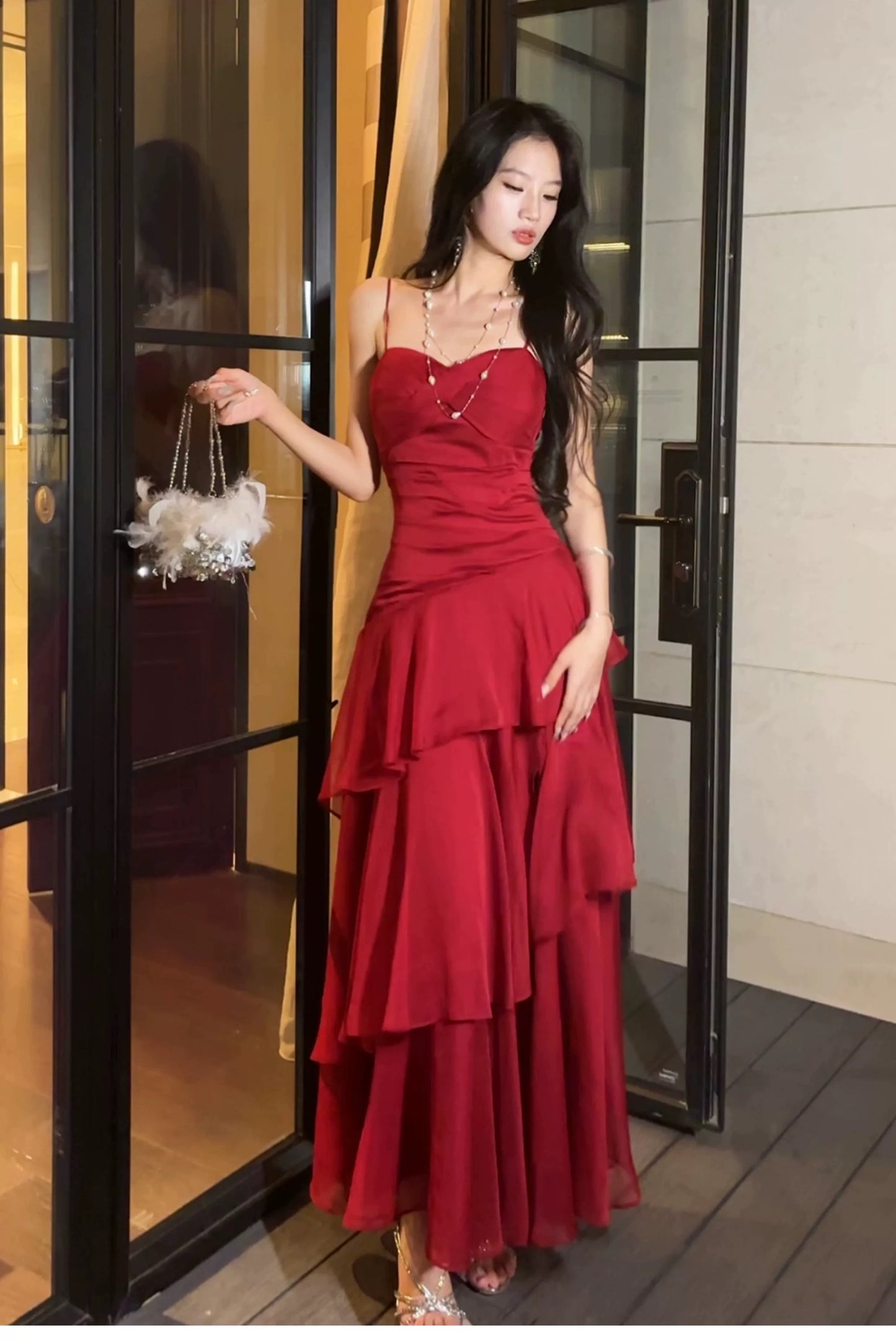 Free-Spirited Mermaid Spaghetti Straps Red Chiffon Layers Semi Formal Summer Garden Beach Spring Event Outfits Wedding Guest Dresses RB4951