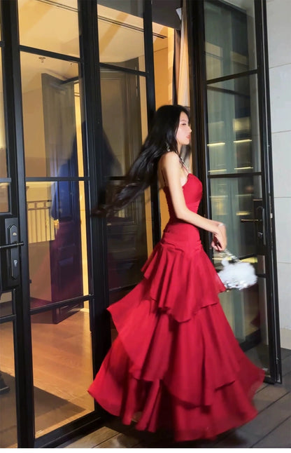 Free-Spirited Mermaid Spaghetti Straps Red Chiffon Layers Semi Formal Summer Garden Beach Spring Event Outfits Wedding Guest Dresses RB4951