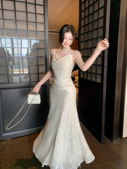 Free-Spirited Mermaid Spaghetti Straps Sequin Semi Formal Summer Garden Beach Spring Event Outfits Wedding Guest Dresses RB4952