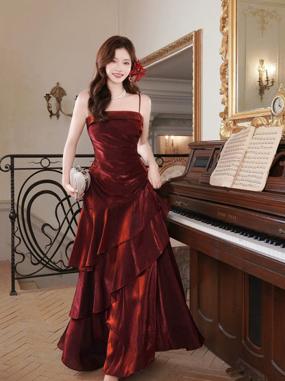 Artistic Mermaid Spaghetti Strap Burgundy Sleeveless Outdoor Semi Formal Summer Garden Beach Event Outfits Wedding Guest Dresses RB4953