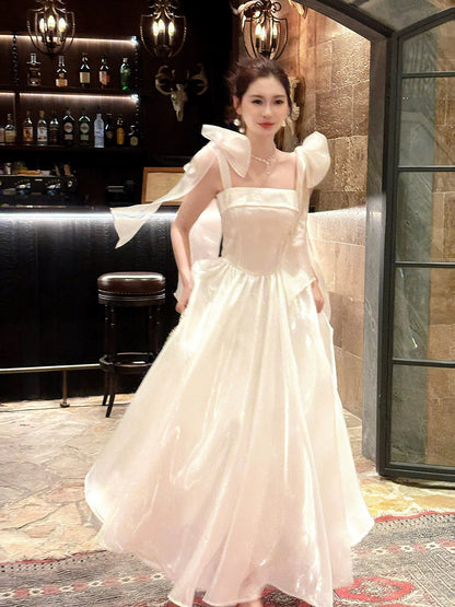 Free-Spirited A Line Spaghetti Straps With Bow Semi Formal Summer Garden Beach Spring Event Outfits Wedding Guest Dresses RB4954