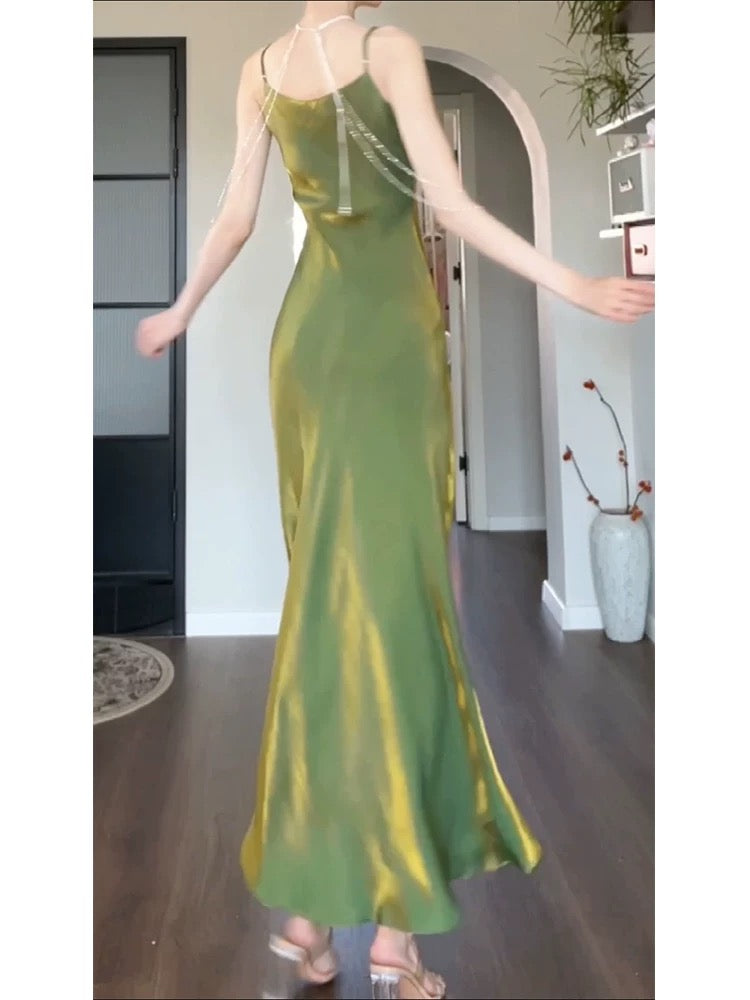 Artistic Mermaid Spaghetti Strap Green Sleeveless Outdoor Semi Formal Summer Garden Beach Event Outfits Wedding Guest Dresses RB4955