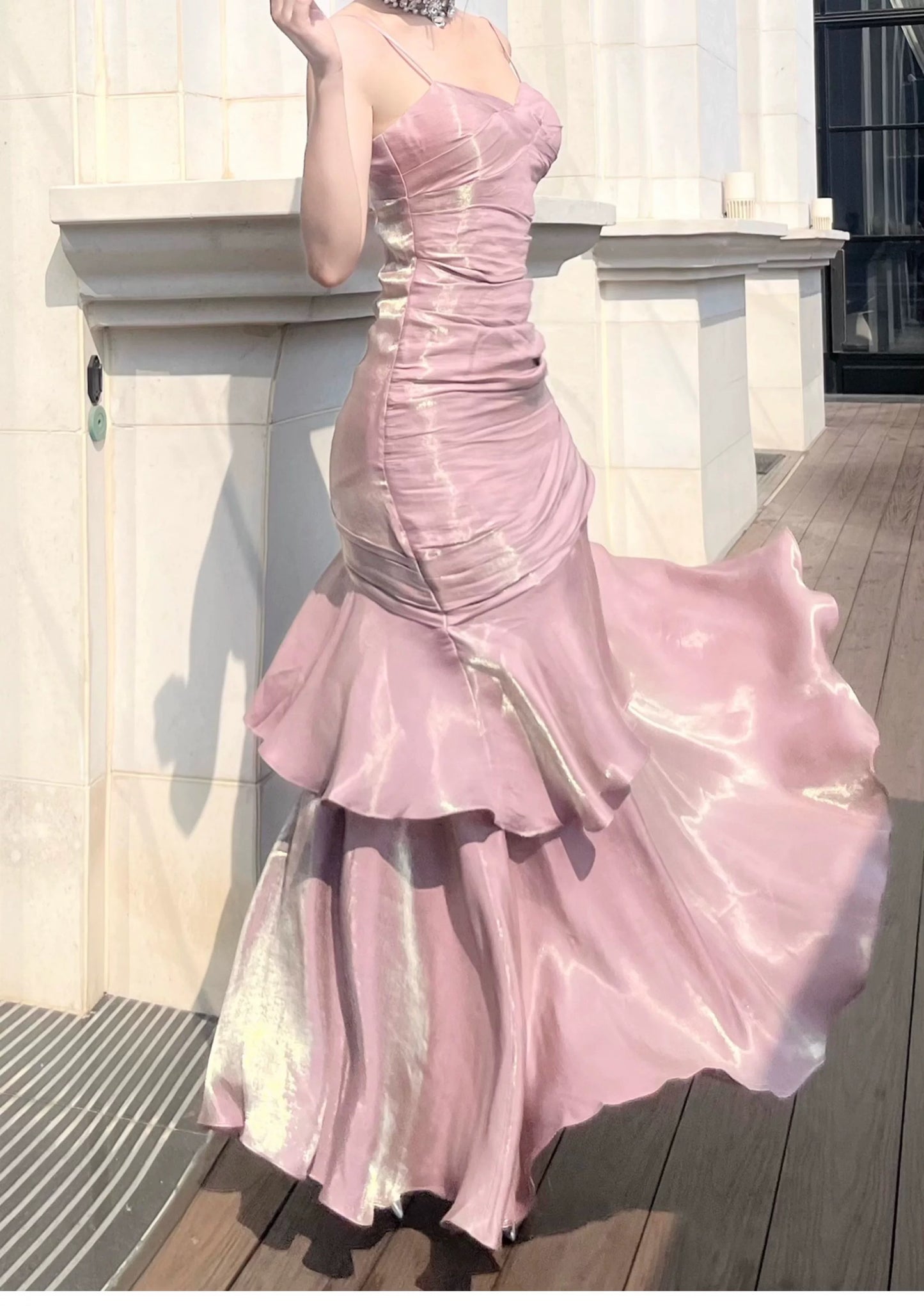 Free-Spirited Mermaid Spaghetti Straps Lilac With Layers Ruffled Semi Formal Summer Garden Beach Prom Event Outfits Wedding Guest Dresses RB4958