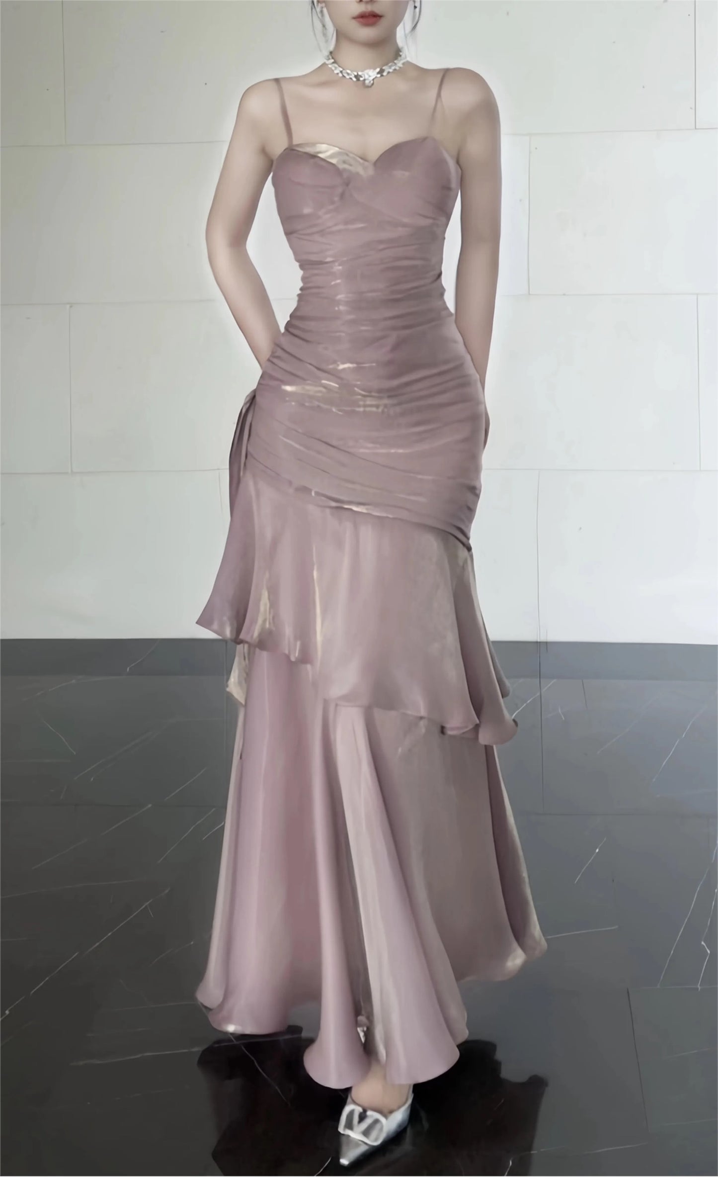Free-Spirited Mermaid Spaghetti Straps Lilac With Layers Ruffled Semi Formal Summer Garden Beach Prom Event Outfits Wedding Guest Dresses RB4958