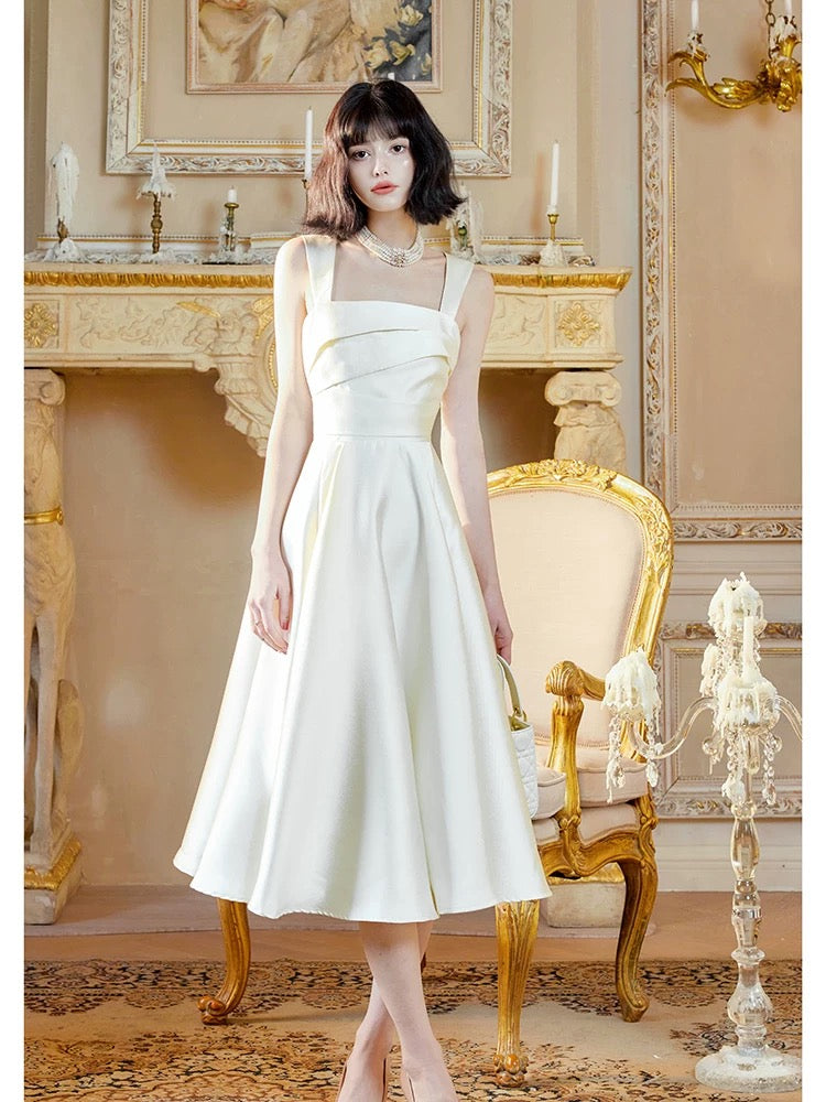 Boho-chic A Line Square Neck White Satin Tea Length Semi Formal Summer Garden Beach Spring Event Outfits Wedding Guest Dresses RB4964