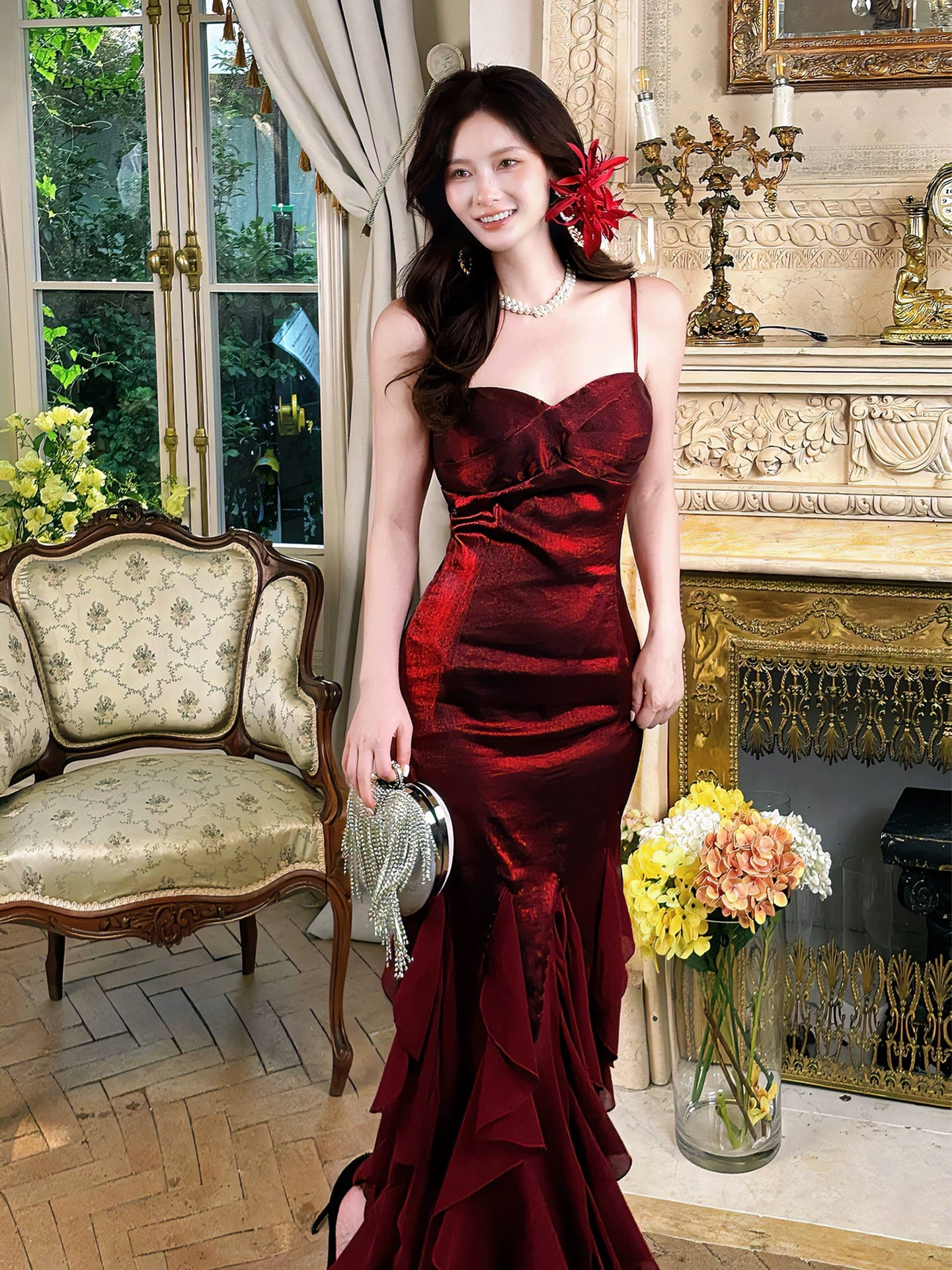 Elegant Mermaid Spaghetti Strap Burgundy With Ruffled Slit Sleeveless Outdoor Semi Formal Summer Garden Beach Event Outfits Wedding Guest Dress RB4966
