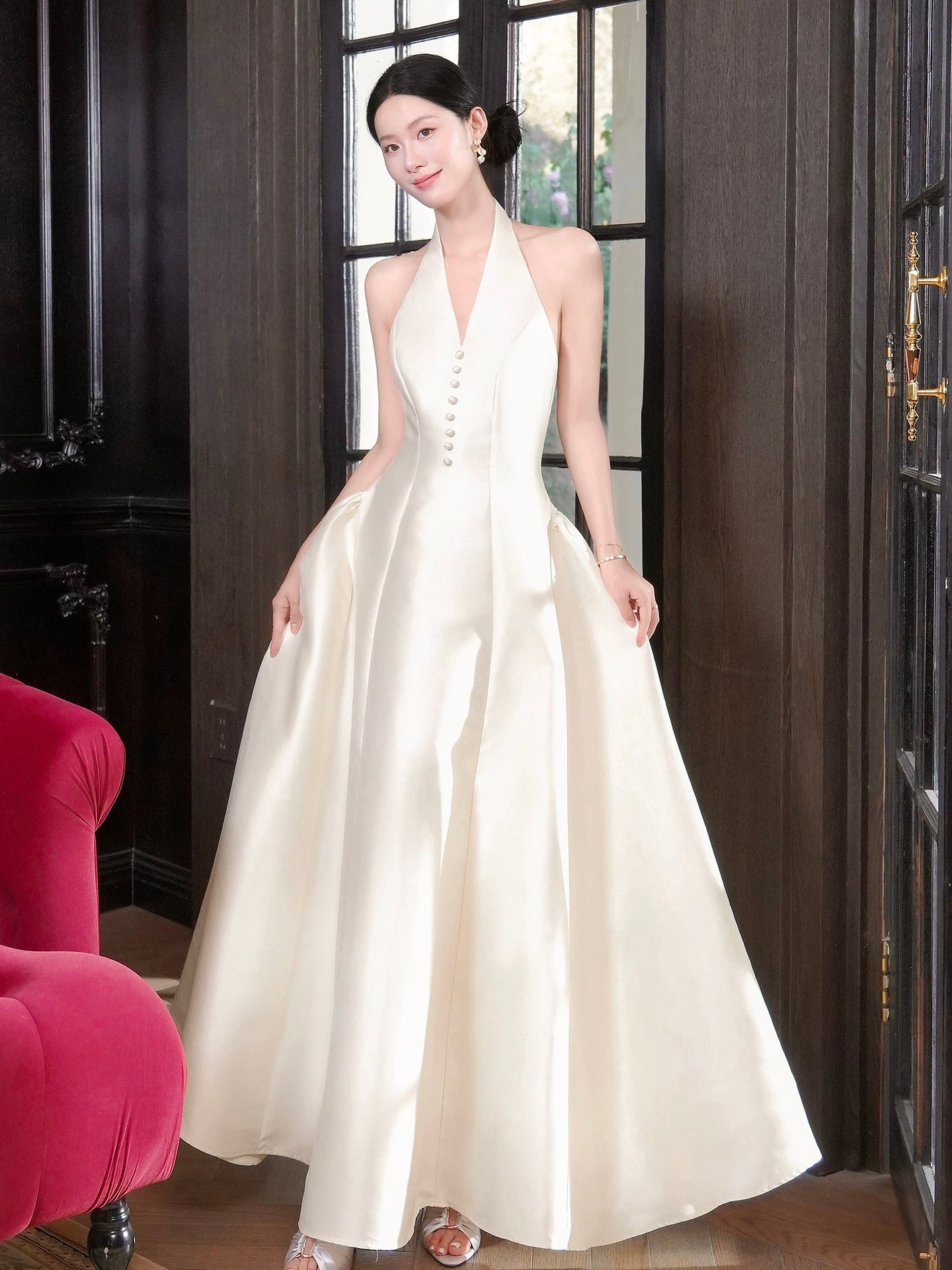 Classy A Line Halter Sleeveless White Satin Ankle Length Semi Formal Summer Garden Beach Spring Event Outfits Wedding Guest Dresses RB4967