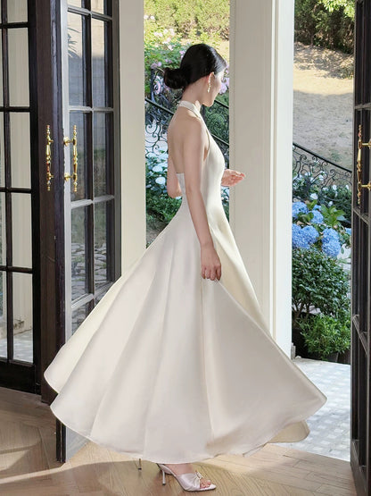 Classy A Line Halter Sleeveless White Satin Ankle Length Semi Formal Summer Garden Beach Spring Event Outfits Wedding Guest Dresses RB4967