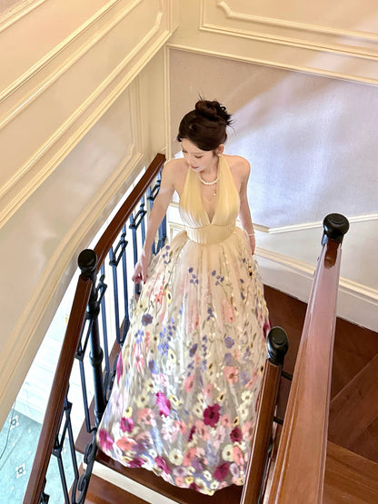 Classy A Line Halter Sleeveless Champagne Lace Ankle Length Semi Formal Summer Garden Beach Spring Event Outfits Wedding Guest Dresses RB4968