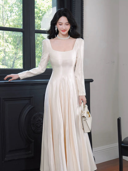 A Line Elegant Long Sleeves Waist-cinching Full-hem Maxi Dress Semi Formal Summer Garden Beach Spring Event Outfits Wedding Guest Dress RB4969