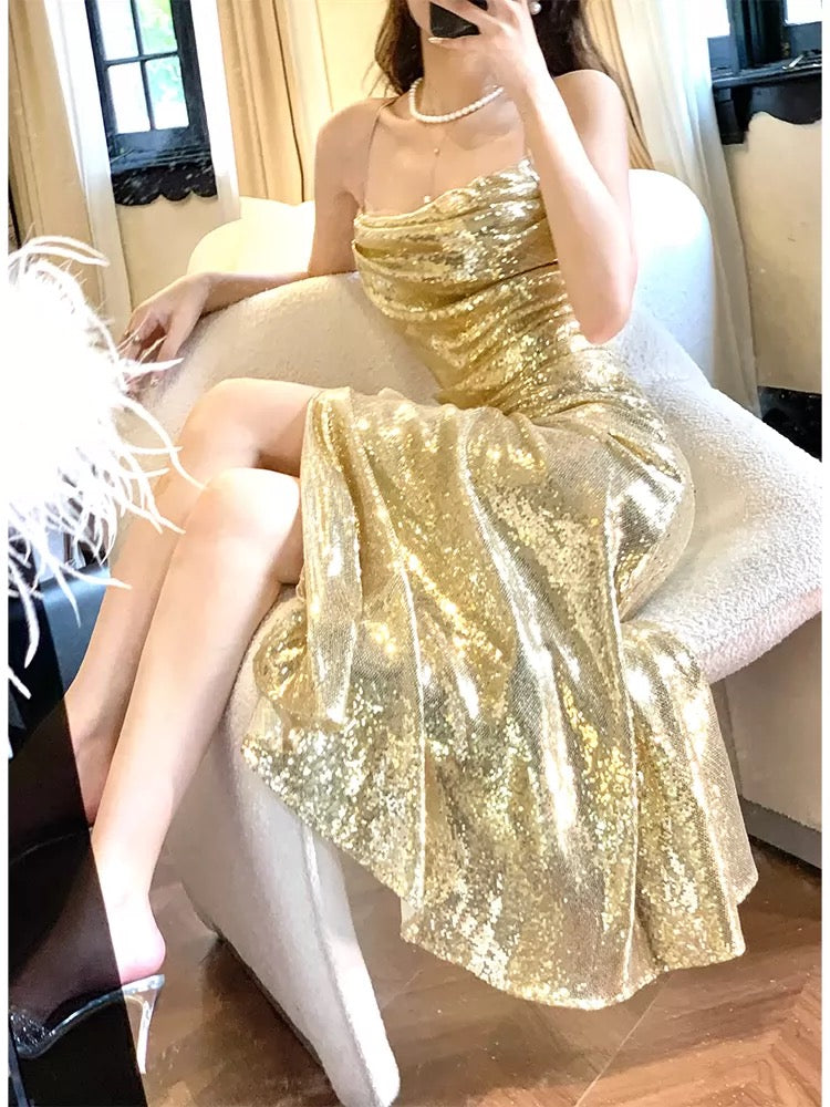 Elegant Mermaid Spaghetti Strap Gold Sequin With Slit Sleeveless Outdoor Semi Formal Summer Garden Beach Event Outfits Wedding Guest Dress RB4971