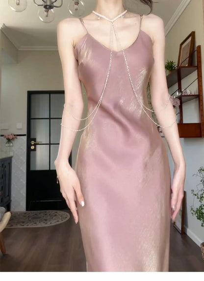 Minimalist Solid Swing Midi Dress Sheath Spaghetti Straps Semi Formal Summer Garden Beach Spring Pink Wedding Guest Dresses RB4973