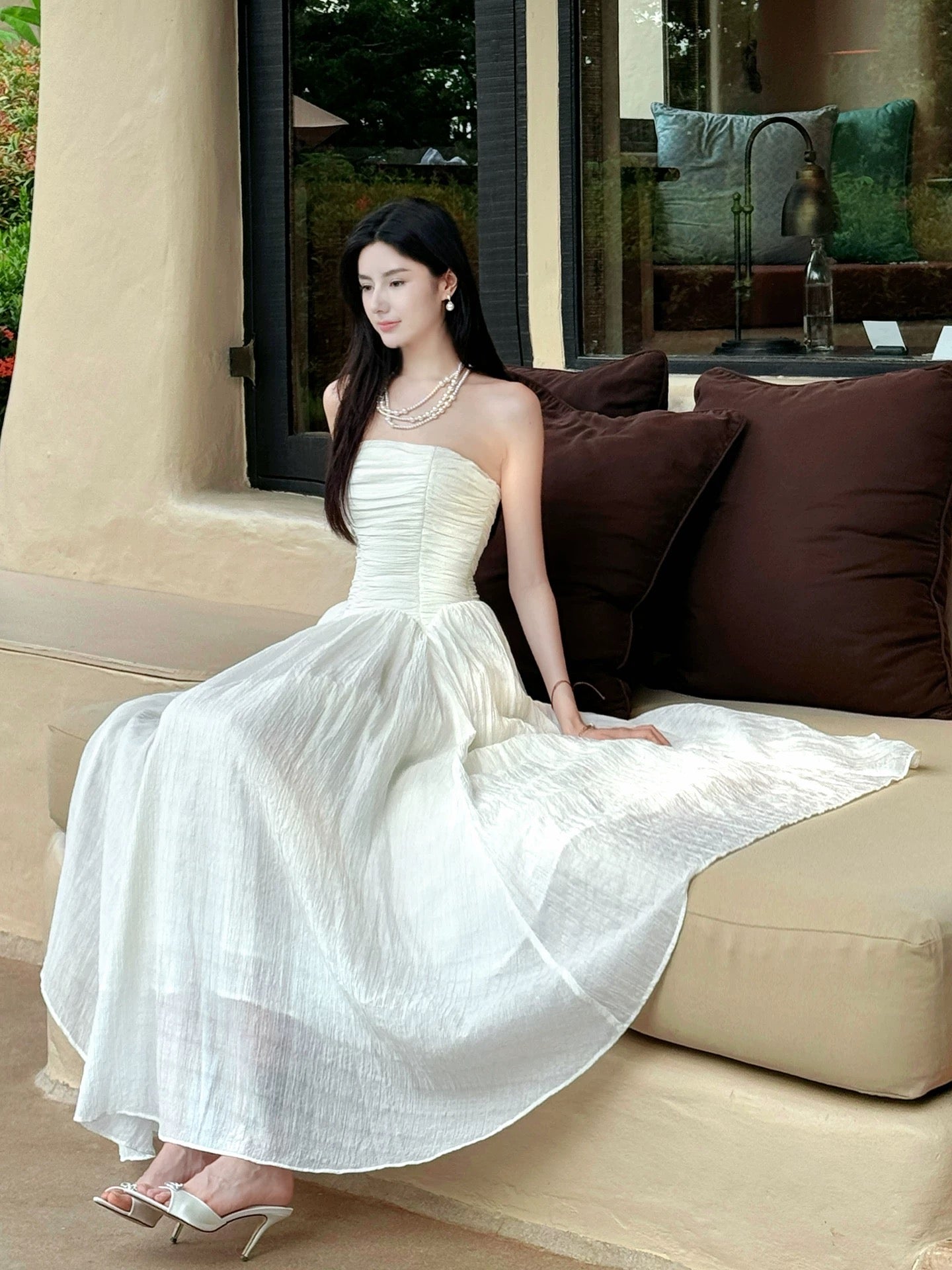 Artistic A line Strapless White Outdoor Semi Formal Summer Garden Beach Event Outfits Wedding Guest Dresses RB4677