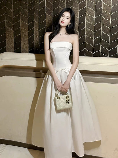 Artistic Ball Gown Strapless White Satin Outdoor Semi Formal Summer Midi Garden Beach Event Outfits Wedding Guest Dresses RB4678