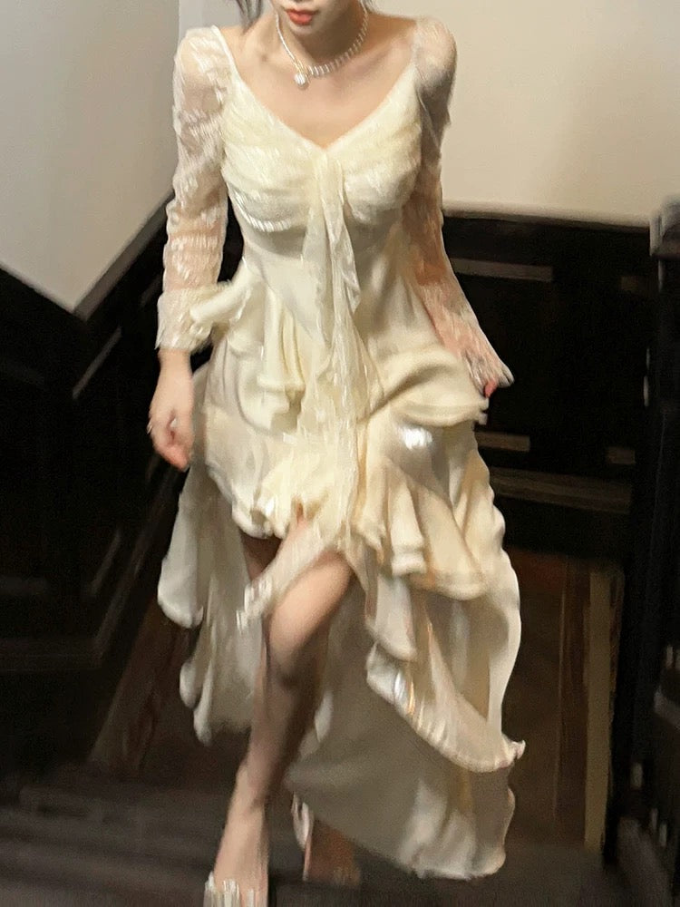 Elegant Mermaid High Low With Long Sleeves Lace Waist-cinching Full-hem Maxi Dress Semi Formal Garden Beach Event Outfits Wedding Guest Dresses RB4979