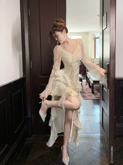 Elegant Mermaid High Low With Long Sleeves Lace Waist-cinching Full-hem Maxi Dress Semi Formal Garden Beach Event Outfits Wedding Guest Dresses RB4979