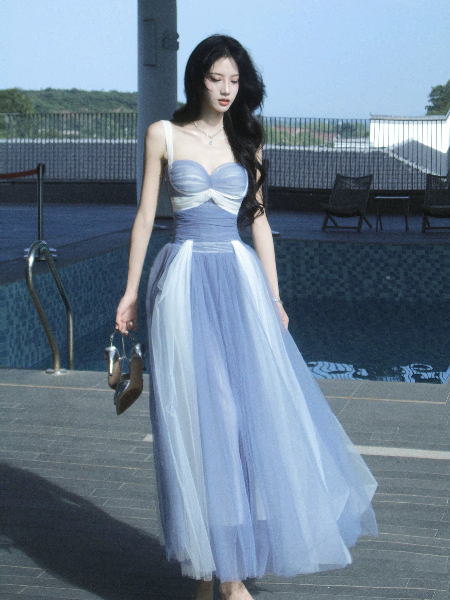 Elegant A Line Spaghetti Strap Tulle Multi Colors Blue With Ruffled Sleeveless Outdoor Semi Formal Summer Garden Beach Event Outfits Wedding Guest Dresses RB4982
