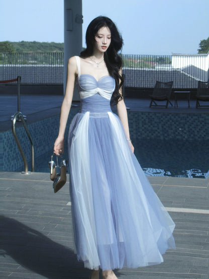 Elegant A Line Spaghetti Strap Tulle Multi Colors Blue With Ruffled Sleeveless Outdoor Semi Formal Summer Garden Beach Event Outfits Wedding Guest Dresses RB4982