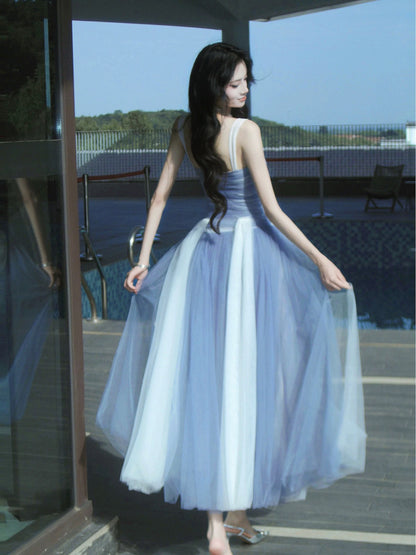 Elegant A Line Spaghetti Strap Tulle Multi Colors Blue With Ruffled Sleeveless Outdoor Semi Formal Summer Garden Beach Event Outfits Wedding Guest Dresses RB4982