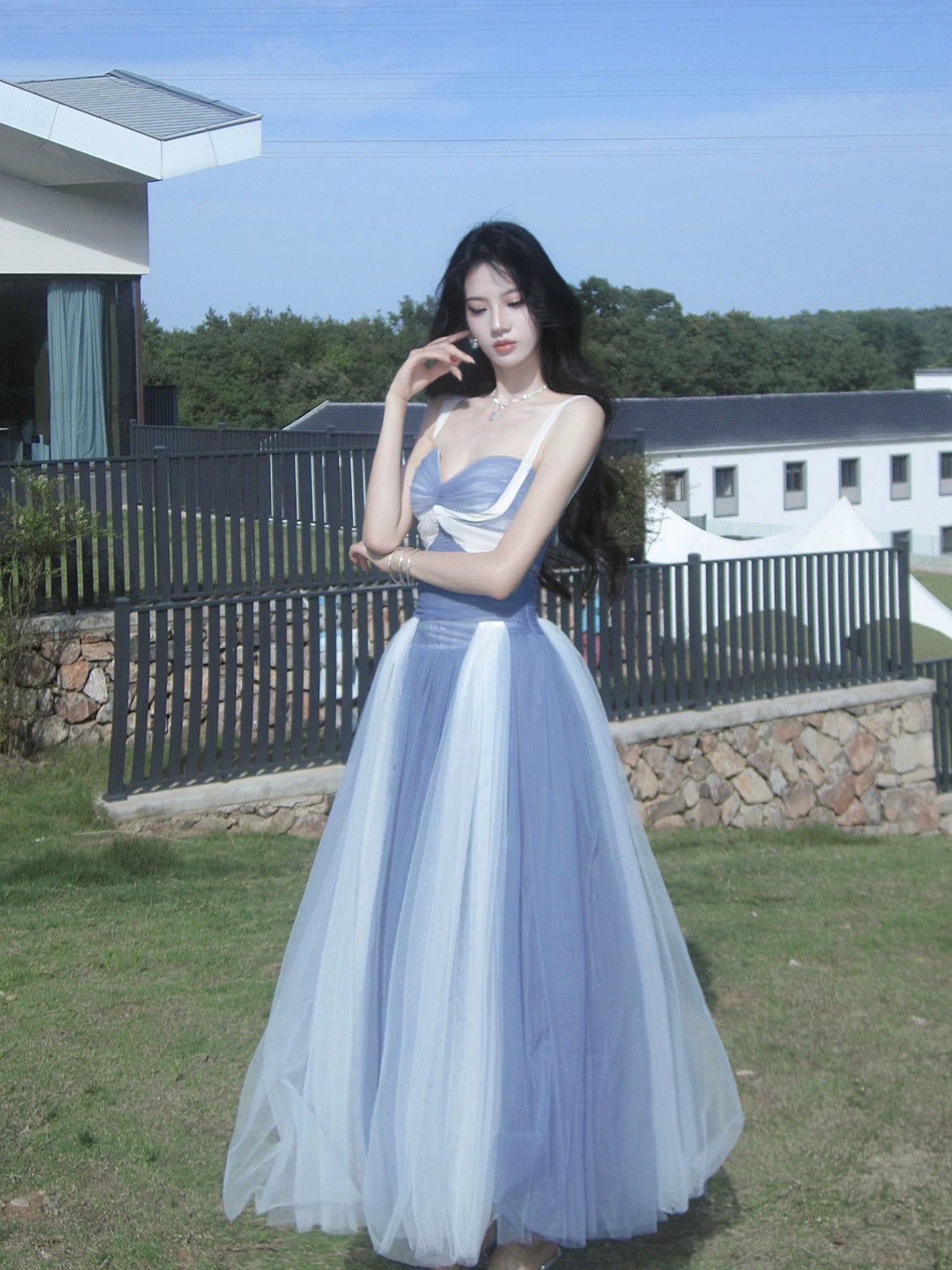 Elegant A Line Spaghetti Strap Tulle Multi Colors Blue With Ruffled Sleeveless Outdoor Semi Formal Summer Garden Beach Event Outfits Wedding Guest Dresses RB4982