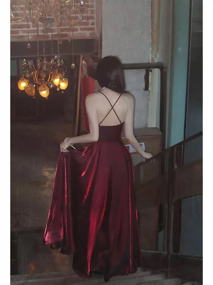 Elegant A Line Spaghetti Strap Burgundy Satin Full-hem Maxi Dress Semi Formal Garden Date Night Outfit Wedding Guest Dresses RB5018