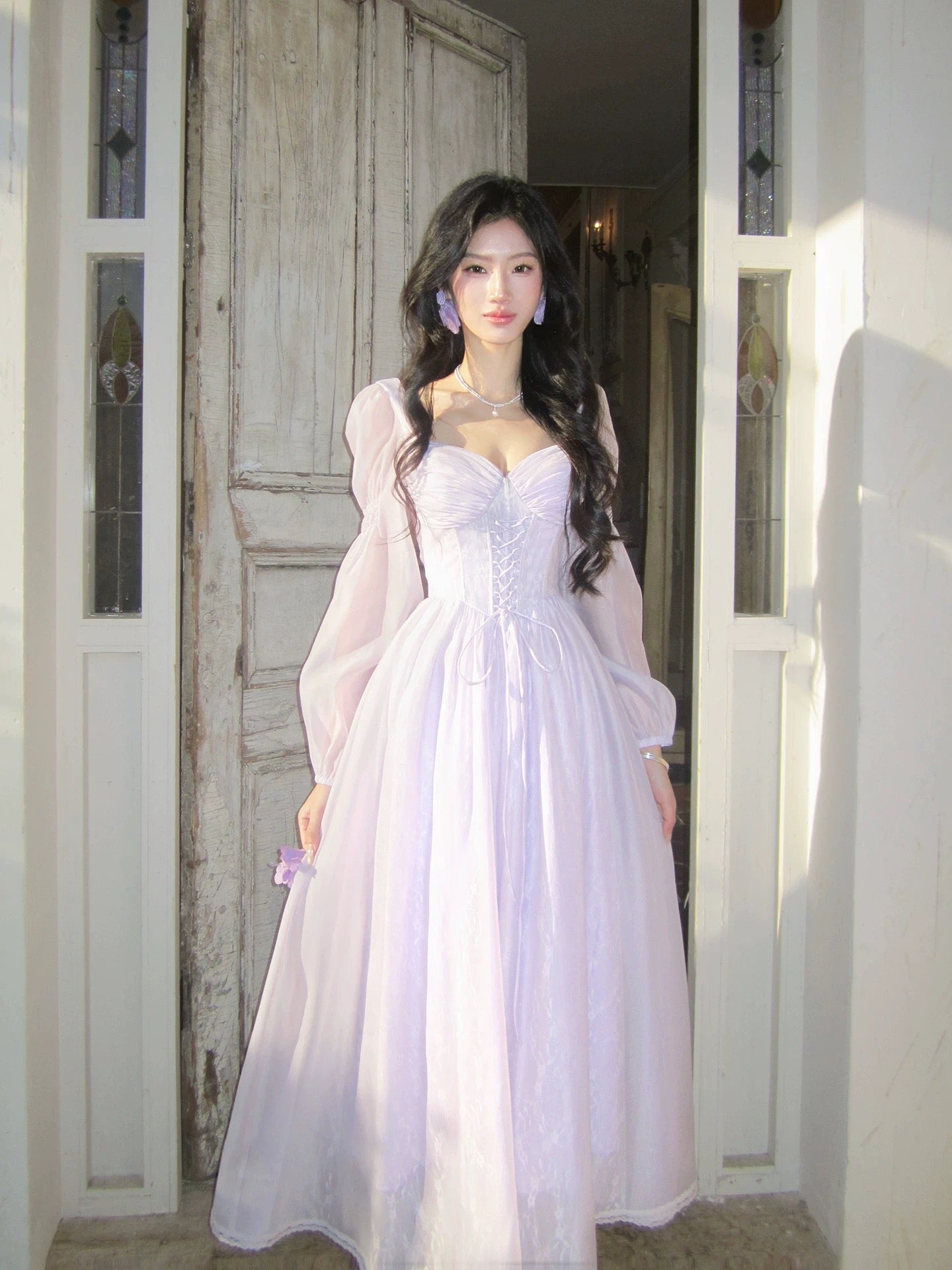 Artistic A Line Square Neck Lilac Chiffon With Long Sleeves Outdoor Semi Formal Summer Garden Event Outfits Wedding Guest Dresses RB5019