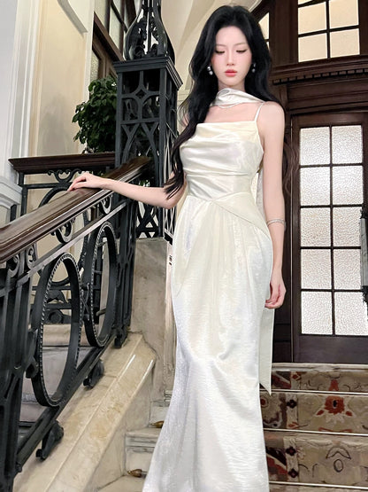 Elegant Mermaid Spaghetti Strap With Scarf Satin Full-hem Maxi Dress Semi Formal Garden Date Night Outfit Wedding Guest Dresses RB5020
