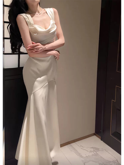 Timeless Mermaid Square Neck Satin White With Ruffled Outdoor Semi Formal Garden Beach Event Outfits Wedding Guest Dresses RB5015