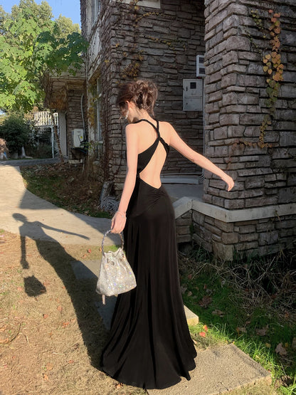 Timeless Mermaid Halter Sleeveless Backless Black Tie Dress Date Night Outfit With Ruffled Outdoor Semi Formal Wedding Guest Dresses RB5024