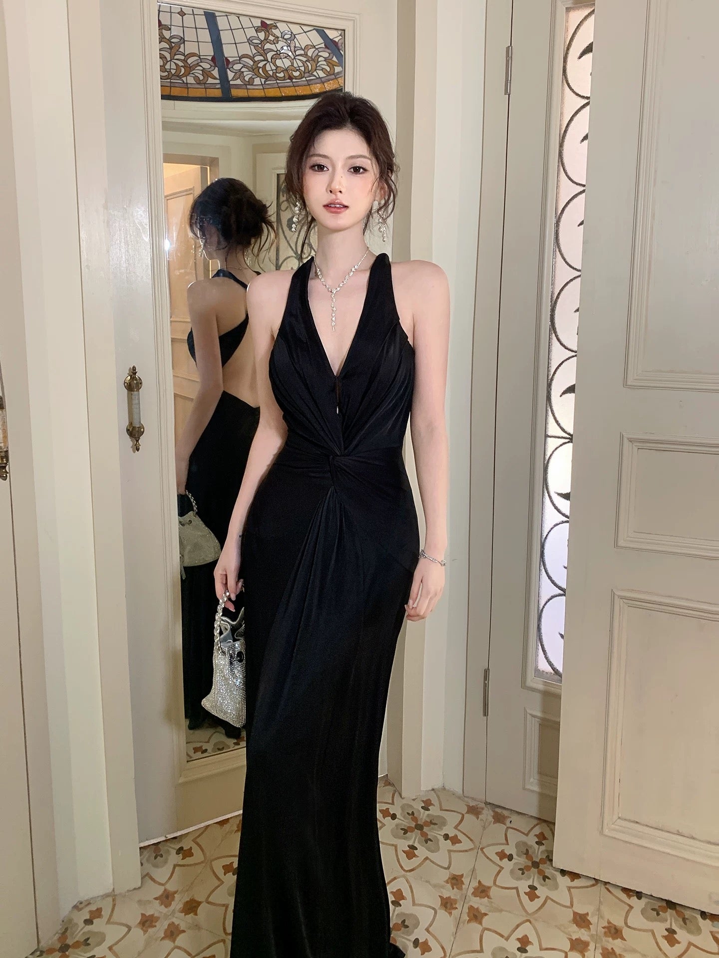 Timeless Mermaid Halter Sleeveless Backless Black Tie Dress Date Night Outfit With Ruffled Outdoor Semi Formal Wedding Guest Dresses RB5024