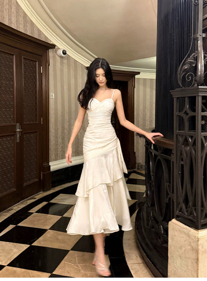 Elegant Mermaid Spaghetti Strap White Sleeveless Ruffled Date Night Outfit Outdoor Semi Formal Long Wedding Guest Dresses RB5031