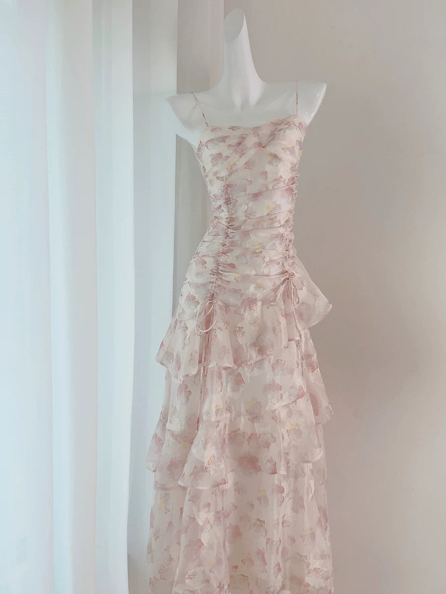 Modest Mermaid Spaghetti Strap Pink Floral Chiffon Sleeveless Outdoor Semi Formal Summer Garden Beach Event Outfits Wedding Guest Dresses RB4984