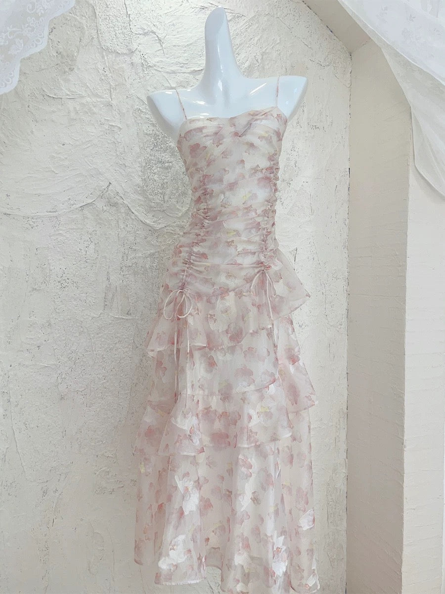 Modest Mermaid Spaghetti Strap Pink Floral Chiffon Sleeveless Outdoor Semi Formal Summer Garden Beach Event Outfits Wedding Guest Dresses RB4984