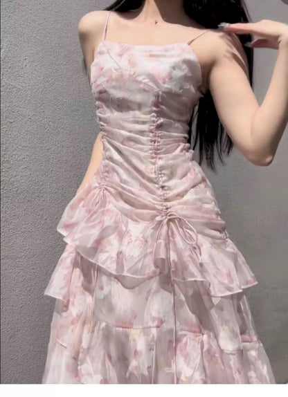 Modest Mermaid Spaghetti Strap Pink Floral Chiffon Sleeveless Outdoor Semi Formal Summer Garden Beach Event Outfits Wedding Guest Dresses RB4984