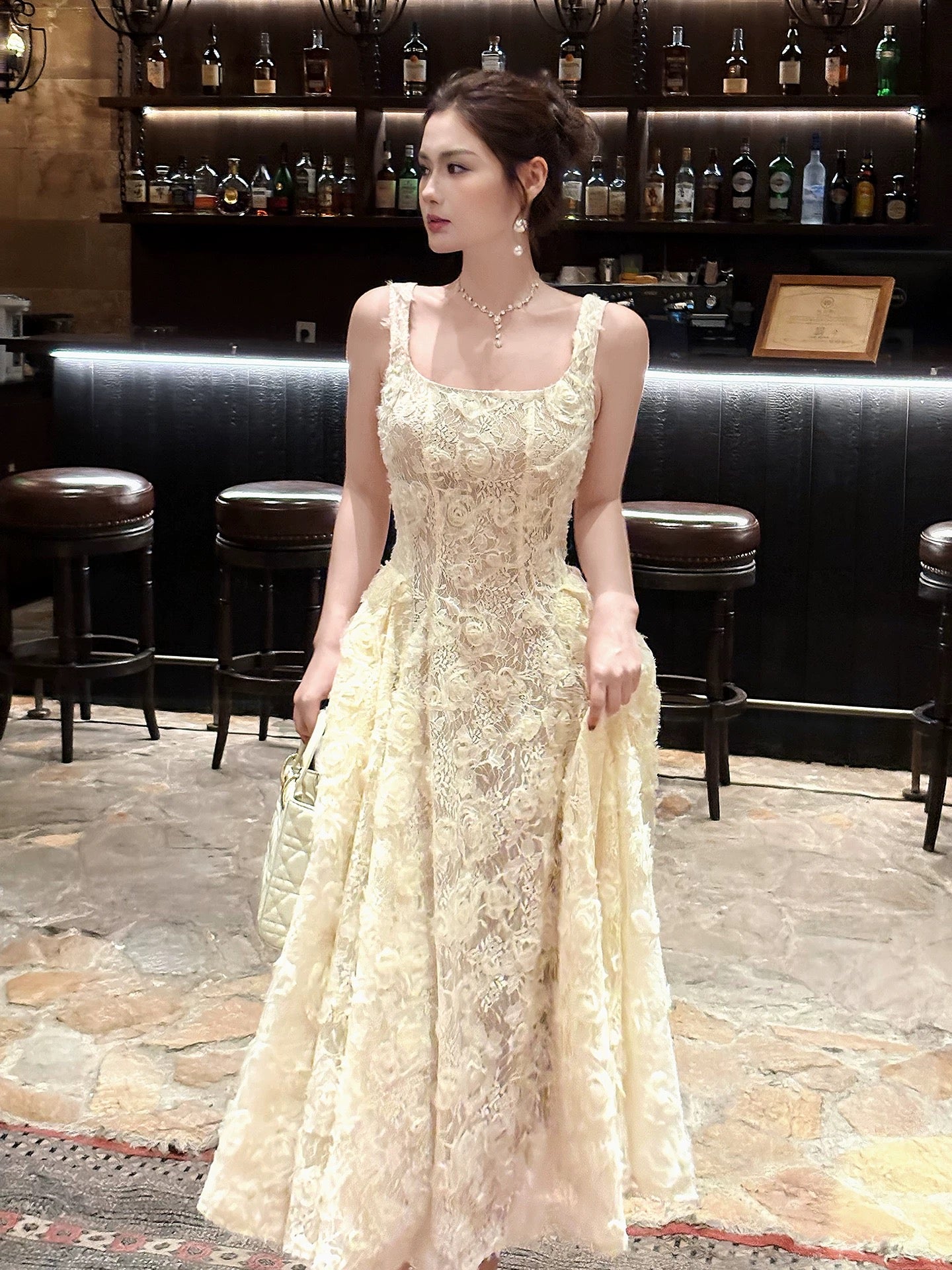 Elegant A Line Square Neck Yellow Lace Waist-cinching Full-hem Maxi Dress Semi Formal Garden Beach Event Outfits Wedding Guest Dresses RB4985
