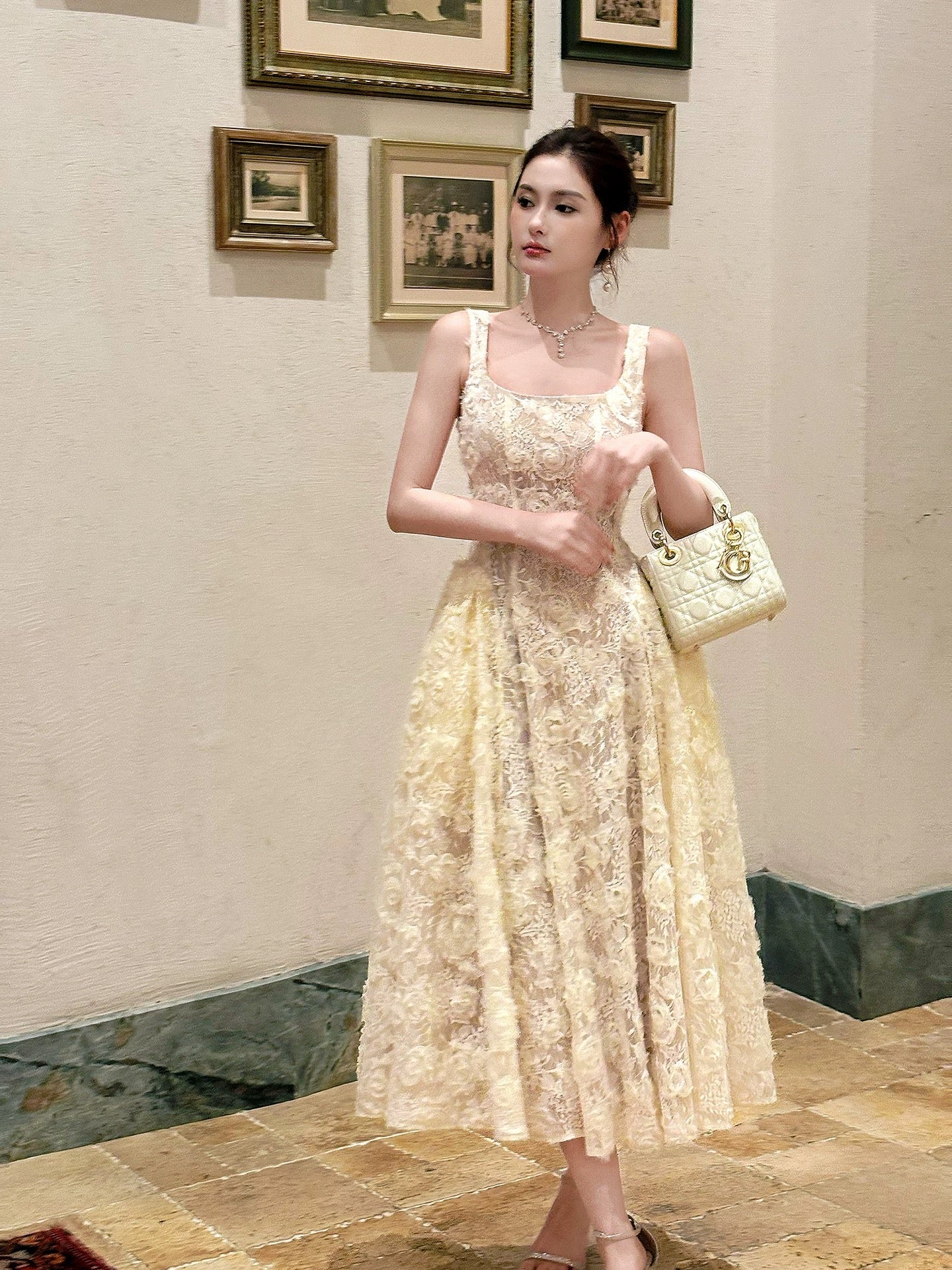 Elegant A Line Square Neck Yellow Lace Waist-cinching Full-hem Maxi Dress Semi Formal Garden Beach Event Outfits Wedding Guest Dresses RB4985