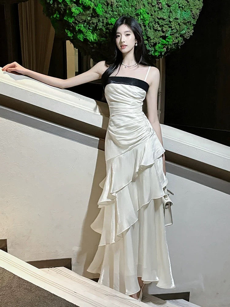 Modest Mermaid Spaghetti Strap White Chiffon Sleeveless Outdoor Semi Formal Summer Garden Beach Event Outfits Wedding Guest Dresses RB4987