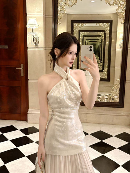 Elegant Mermaid Halter Sequin Waist-cinching Full-hem Maxi Dress Semi Formal Garden Beach Event Outfits Wedding Guest Dresses RB4988